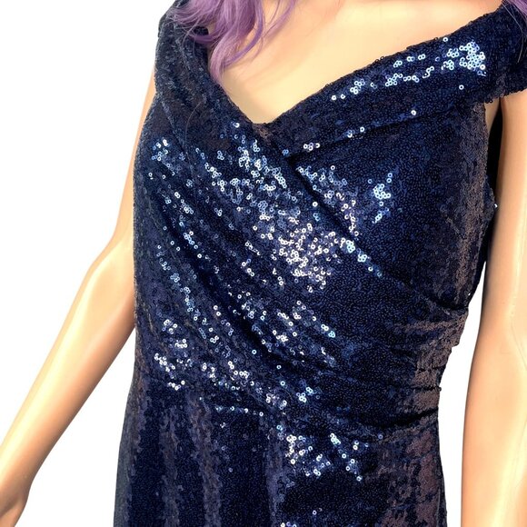 Vintage Marina Navy Blue Sequined Gown Size 12 Off The Shoulder Formal - Picture 8 of 14